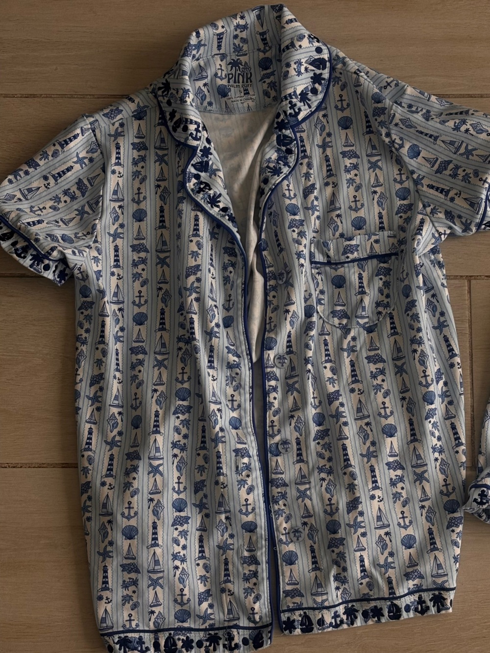 Pink palm puff blue Women's Two-Piece Pajama Set - Picture 2 of 3